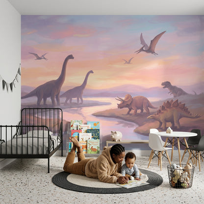 Dinosaur Landscape Wallpaper Prehistoric Scene Removable Jurassic Wall Decor