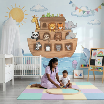 Noahs Ark Wallpaper Cute Animals Ocean Removable Wall Decor