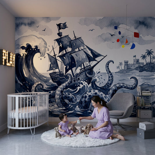 Cloudy Sky Wallpaper Pirate Ship Kraken Removable Wall Decor