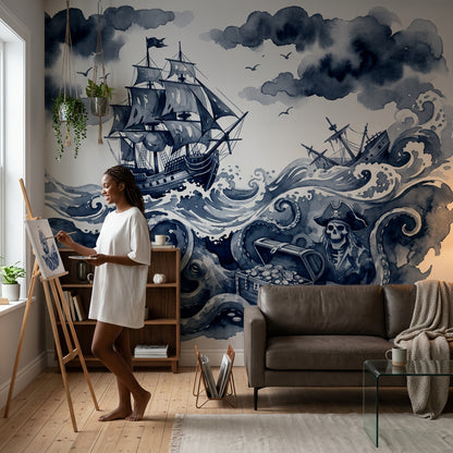 Pirate Ship Wallpaper Stormy Sea Kraken Octopus Removable Wall Decor