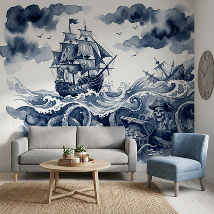Pirate Ship Wallpaper Stormy Sea Kraken Octopus Removable Wall Decor