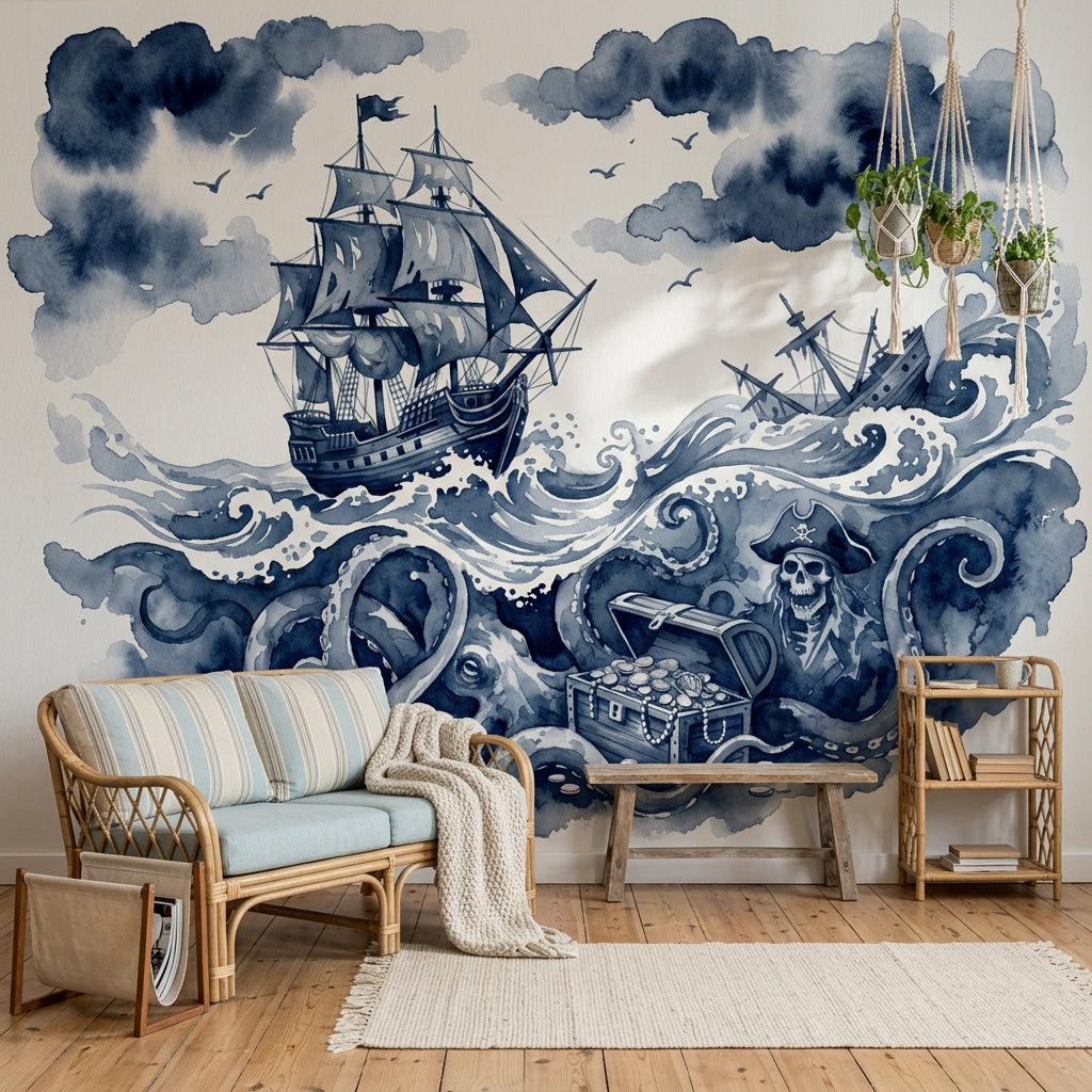 Pirate Ship Wallpaper Stormy Sea Kraken Octopus Removable Wall Decor