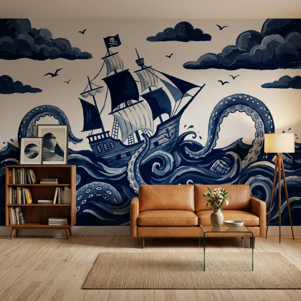 Pirate Ship Wallpaper Dark Nautical Removable Kraken Octopus Tentacles Wall Decor