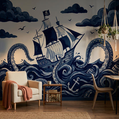 Pirate Ship Wallpaper Dark Nautical Removable Kraken Octopus Tentacles Wall Decor
