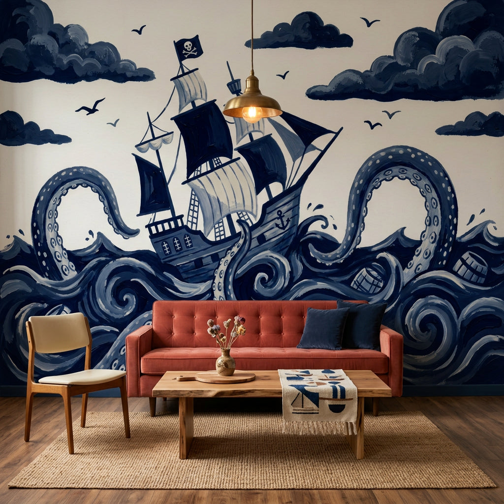 Pirate Ship Wallpaper Dark Nautical Removable Kraken Octopus Tentacles Wall Decor