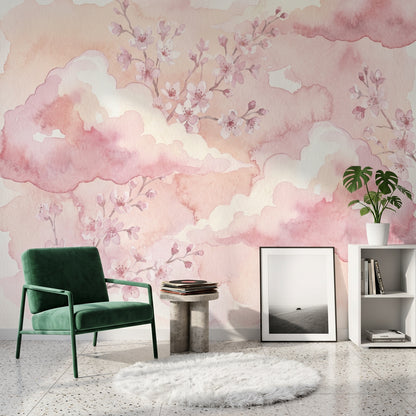 Cherry Blossoms Wallpaper Pink Clouds Removable Soft Pastel Wall Decor