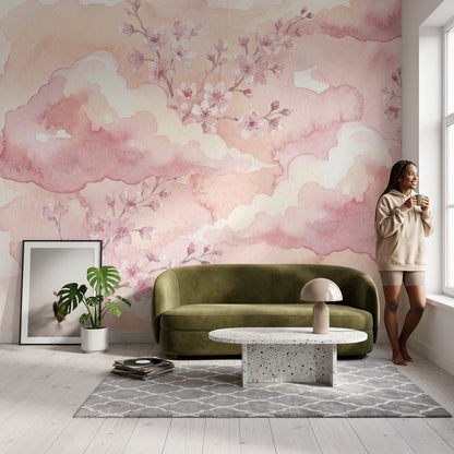Cherry Blossoms Wallpaper Pink Clouds Removable Soft Pastel Wall Decor