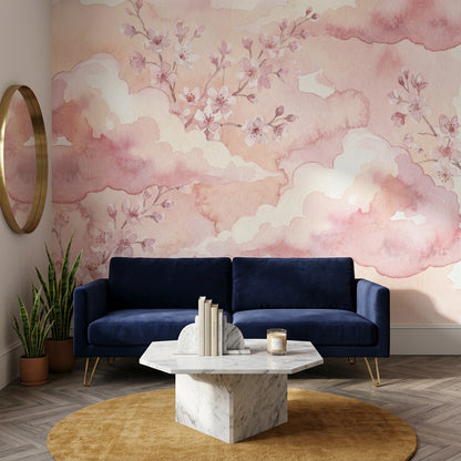 Cherry Blossoms Wallpaper Pink Clouds Removable Soft Pastel Wall Decor