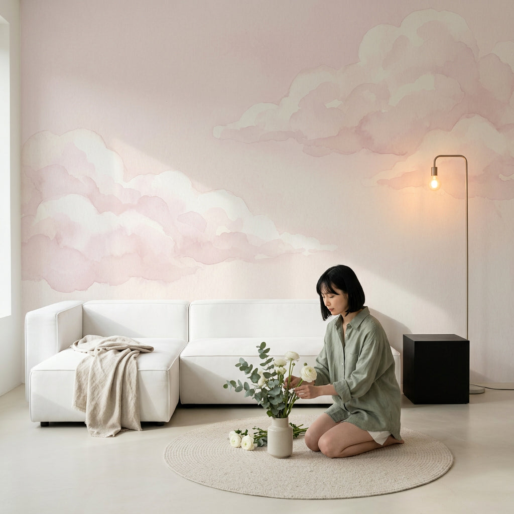 Watercolor Clouds Wallpaper Pastel Pink Soft Sky Removable Wall Decor