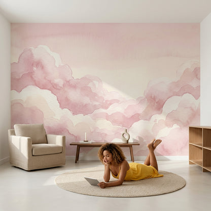 Pink Clouds Wallpaper Watercolor Pastel Sky Wall Mural