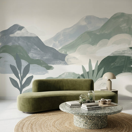 Minimalist Landscape Wallpaper Layered Mountains Removable Misty Hills Wall Decor