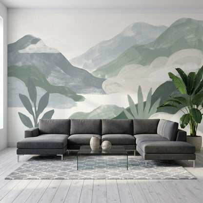 Minimalist Landscape Wallpaper Layered Mountains Removable Misty Hills Wall Decor