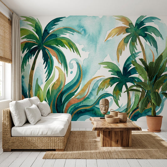 Tropical Wallpaper Palm Trees Watercolor Removable Wall Decor