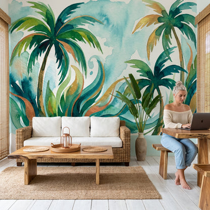 Tropical Wallpaper Palm Trees Watercolor Removable Wall Decor