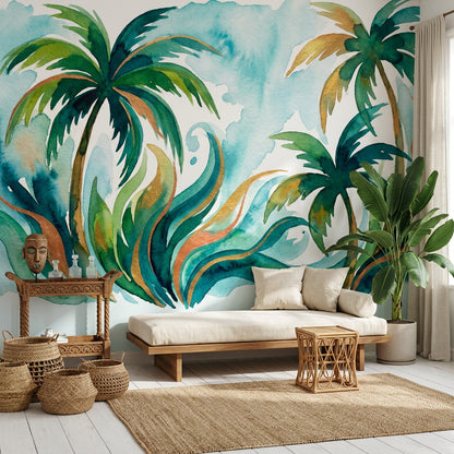 Tropical Wallpaper Palm Trees Watercolor Removable Wall Decor