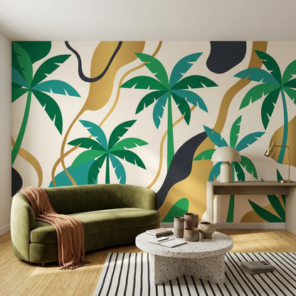 Tropical Palm Trees Wallpaper Green And Teal Abstract Waves Wall Mural
