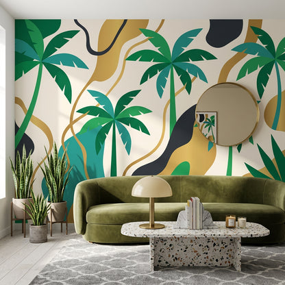 Tropical Palm Trees Wallpaper Green And Teal Abstract Waves Wall Mural