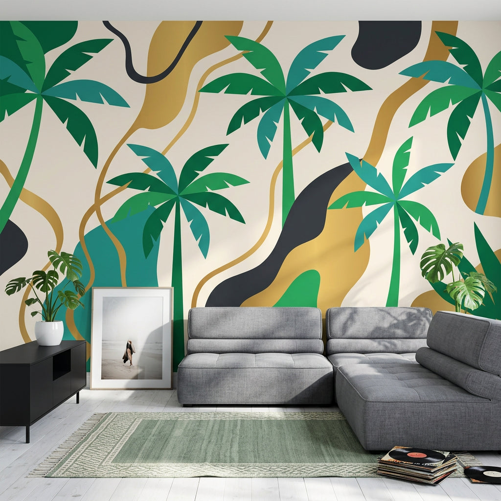 Tropical Palm Trees Wallpaper Green And Teal Abstract Waves Wall Mural