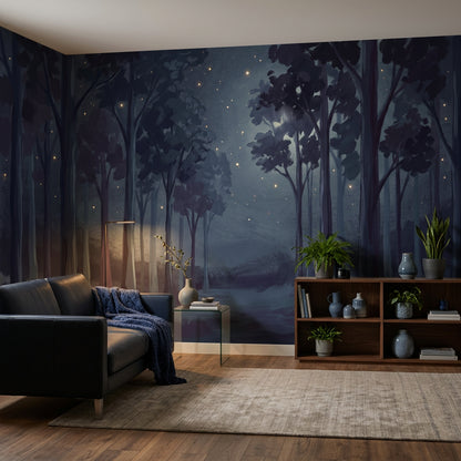 Night Forest Wallpaper Mist Fireflies Wall Mural