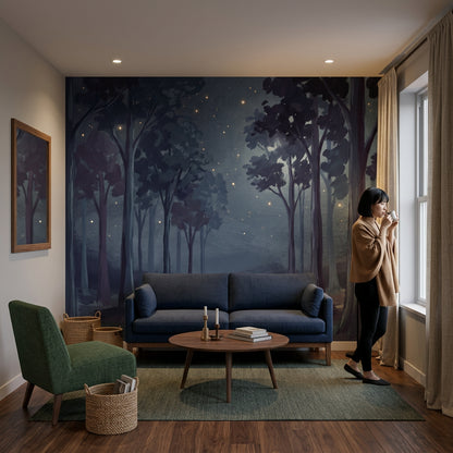 Night Forest Wallpaper Mist Fireflies Wall Mural