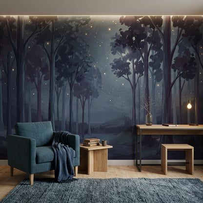 Night Forest Wallpaper Mist Fireflies Wall Mural