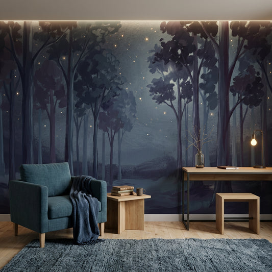 Night Forest Wallpaper Mist Fireflies Wall Mural