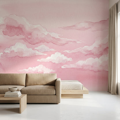 Pink Watercolor Wallpaper Clouds Removable Sky Wall Decor