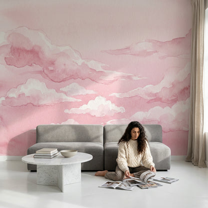 Pink Watercolor Wallpaper Clouds Removable Sky Wall Decor