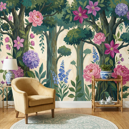 Woodland Floral Wallpaper Botanical Garden Trees And Vines Removable Wall Decor