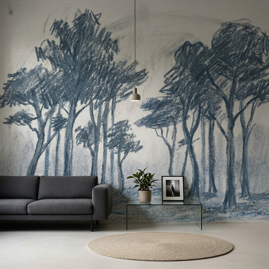 Tree Grove Wallpaper Sketch Blue Gray Wall Mural