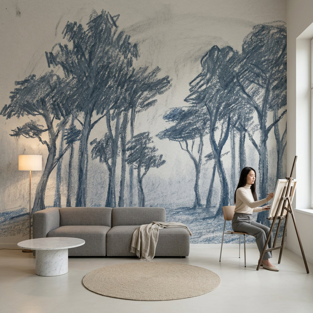 Tree Grove Wallpaper Sketch Blue Gray Wall Mural