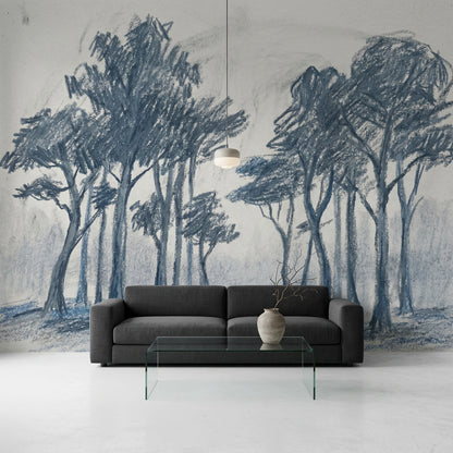 Tree Grove Wallpaper Sketch Blue Gray Wall Mural