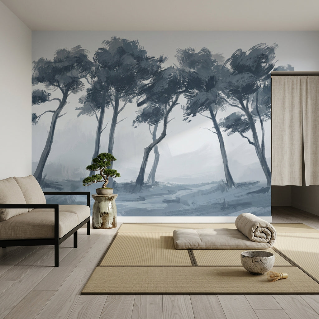 Misty Landscape Wallpaper Windswept Trees Monochrome Blue Gray Removable Wall Decor