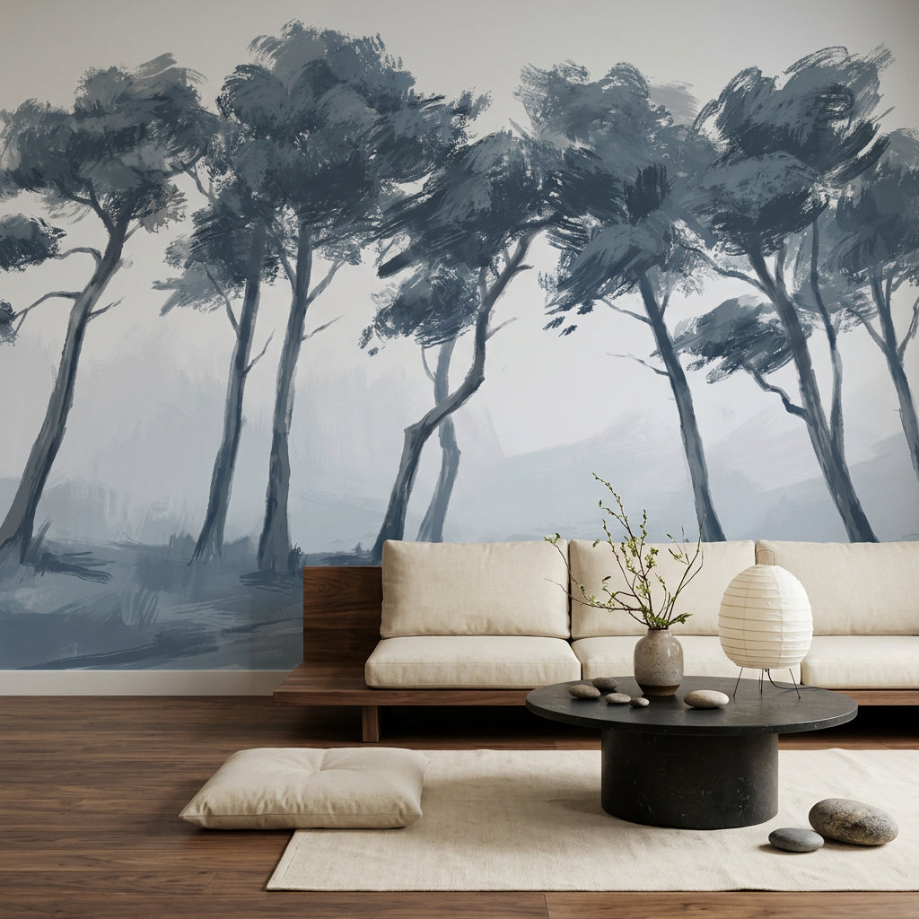 Misty Landscape Wallpaper Windswept Trees Monochrome Blue Gray Removable Wall Decor