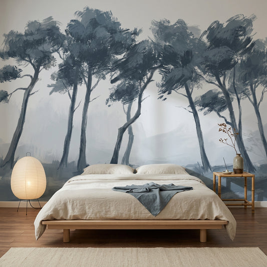 Misty Landscape Wallpaper Windswept Trees Monochrome Blue Gray Removable Wall Decor