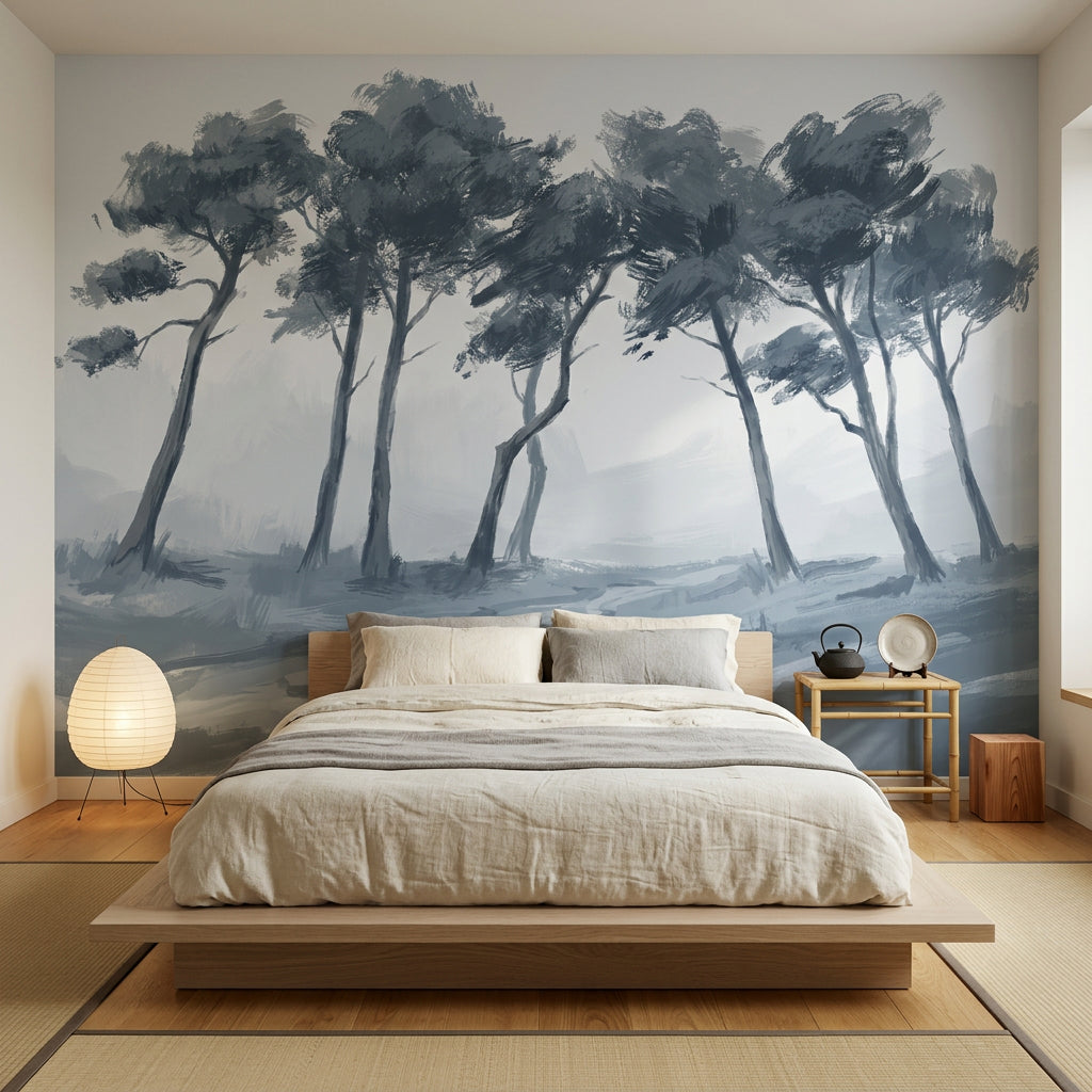 Misty Landscape Wallpaper Windswept Trees Monochrome Blue Gray Removable Wall Decor