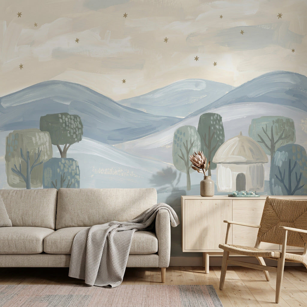 Pastel Landscape Wallpaper Rolling Hills Removable Stylized Trees Wall Decor