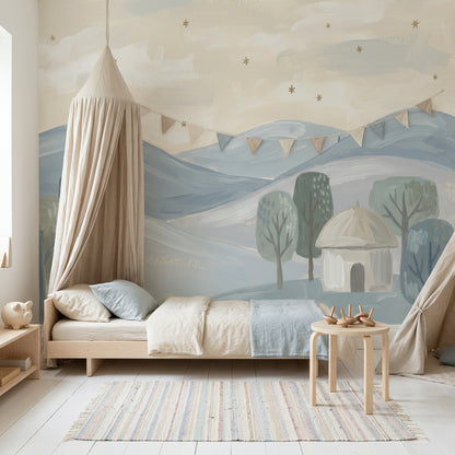 Pastel Landscape Wallpaper Rolling Hills Removable Stylized Trees Wall Decor