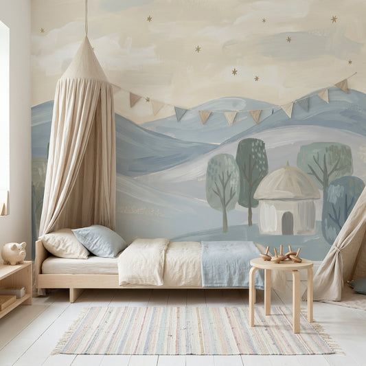 Pastel Landscape Wallpaper Rolling Hills Removable Stylized Trees Wall Decor