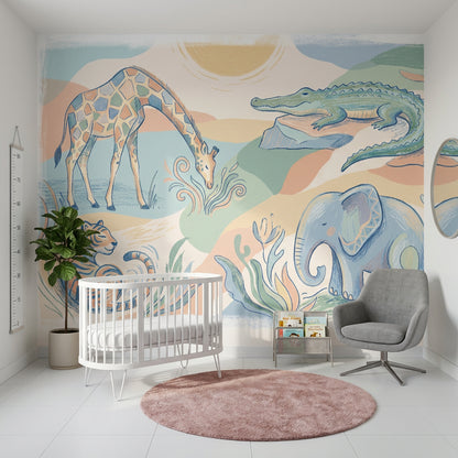 Pastel Safari Animals Wallpaper Giraffe Illustration Crocodile On Rock Wall Mural