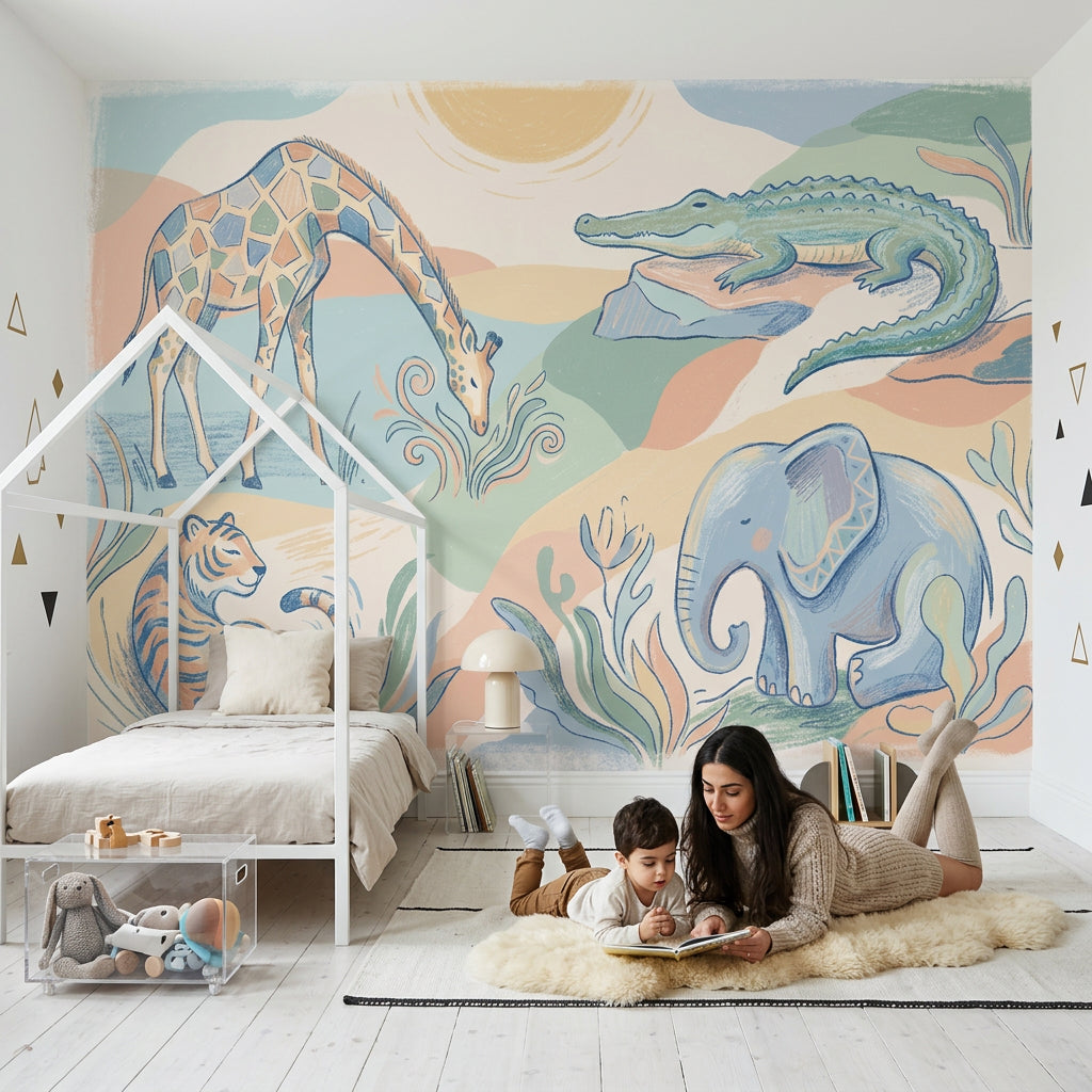Pastel Safari Animals Wallpaper Giraffe Illustration Crocodile On Rock Wall Mural