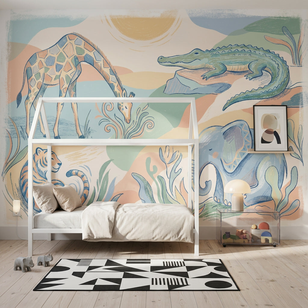 Pastel Safari Animals Wallpaper Giraffe Illustration Crocodile On Rock Wall Mural