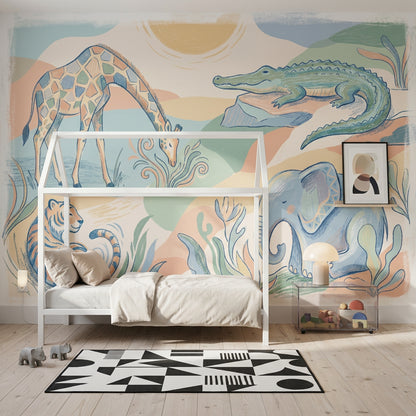 Pastel Safari Animals Wallpaper Giraffe Illustration Crocodile On Rock Wall Mural