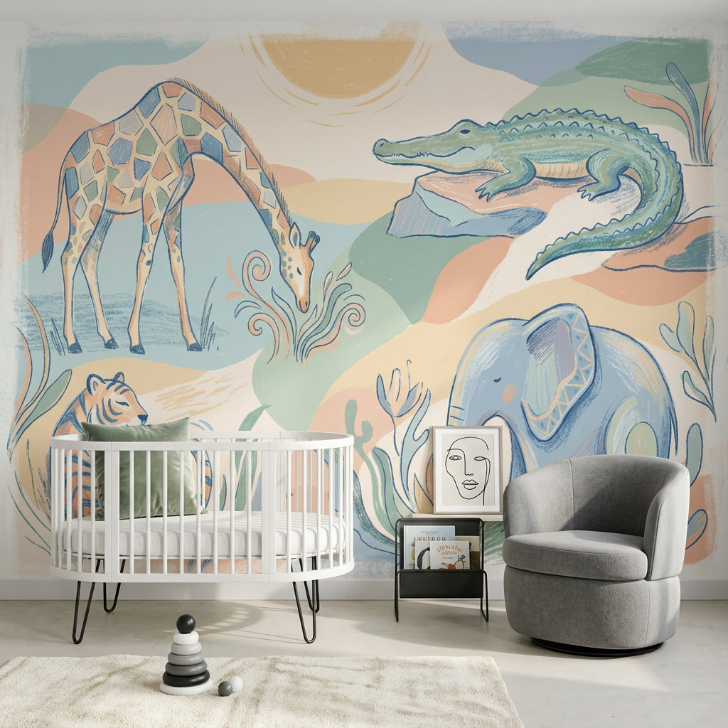 Pastel Safari Animals Wallpaper Giraffe Illustration Crocodile On Rock Wall Mural
