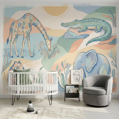 Pastel Safari Animals Wallpaper Giraffe Illustration Crocodile On Rock Wall Mural