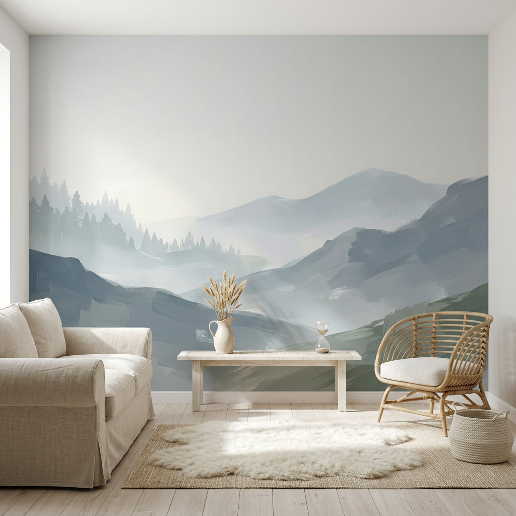 Muted Green Wallpaper Misty Mountains Removable Sage Wall Decor