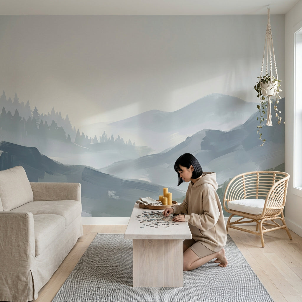 Muted Green Wallpaper Misty Mountains Removable Sage Wall Decor