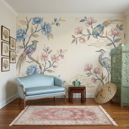 Chinoiserie Wallpaper Floral Branches Removable Blue Blossoms Wall Decor