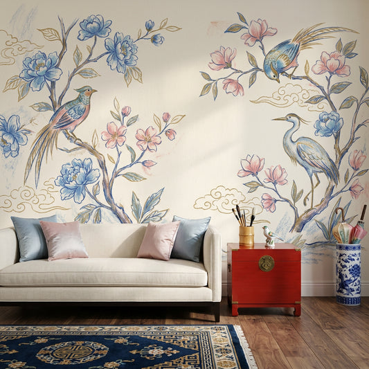 Chinoiserie Wallpaper Floral Branches Removable Blue Blossoms Wall Decor
