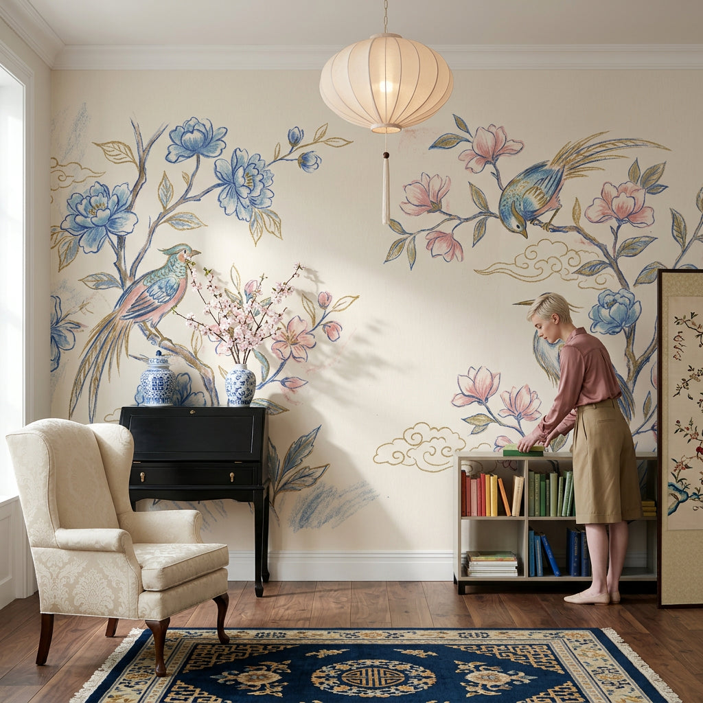 Chinoiserie Wallpaper Floral Branches Removable Blue Blossoms Wall Decor